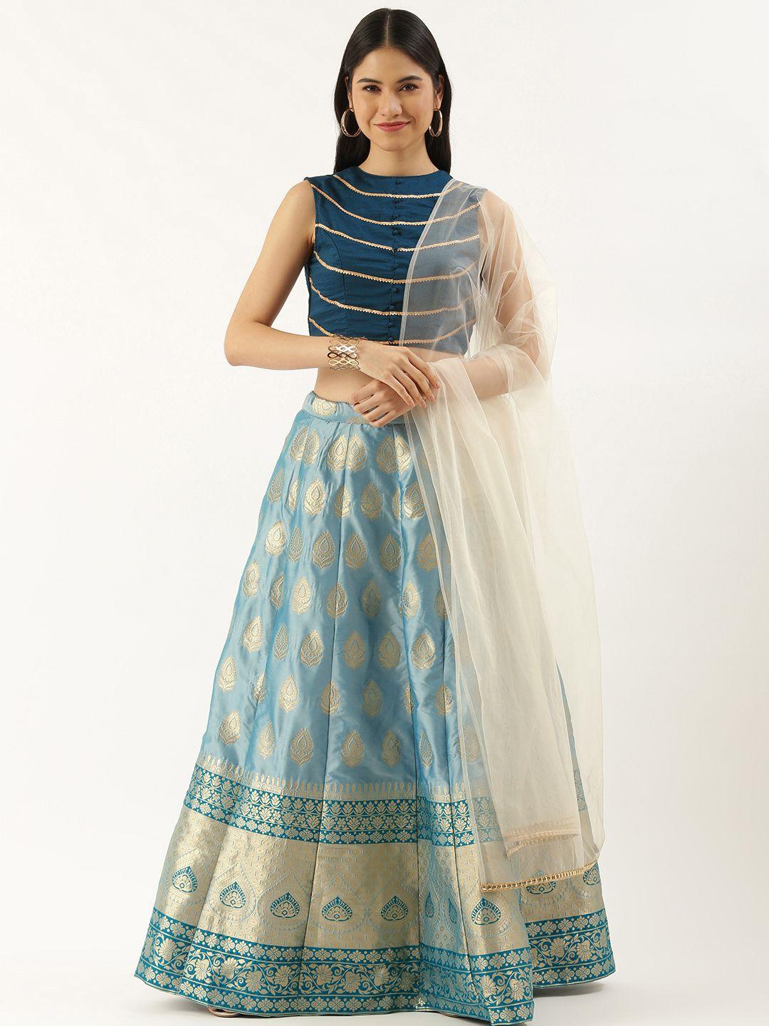 ethnovog blue  gold-toned embellished made to measure lehenga  blouse with dupatta