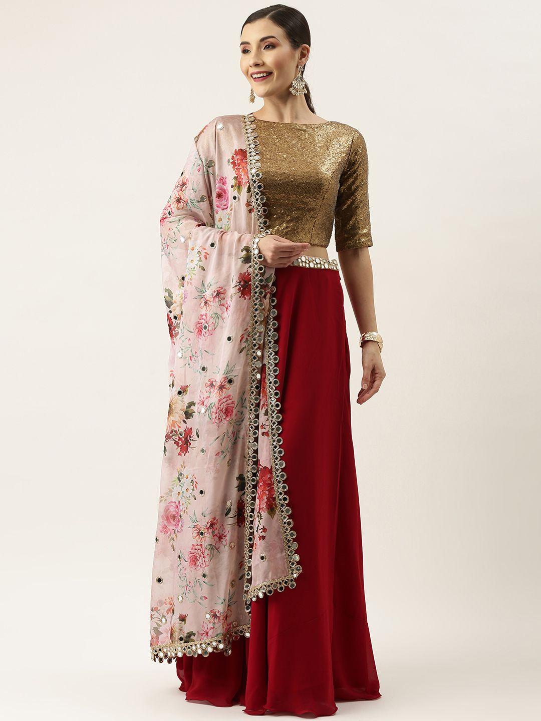 ethnovog brown  maroon embellished made to measure lehenga  blouse with dupatta