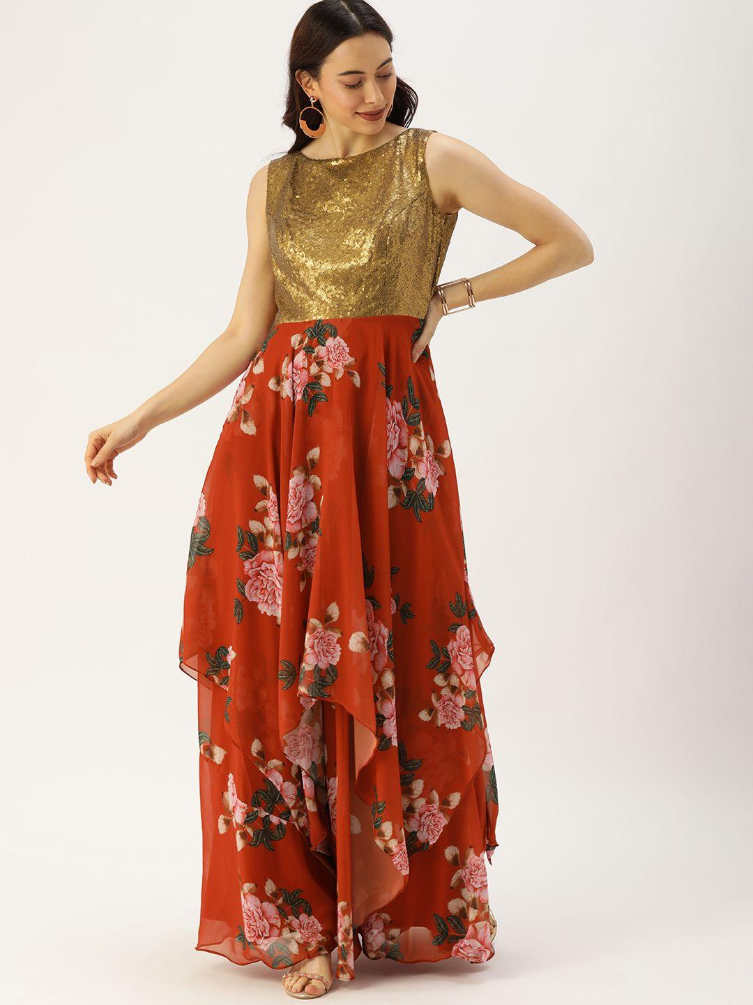 ethnovog brown  red made to measure floral georgette maxi dress