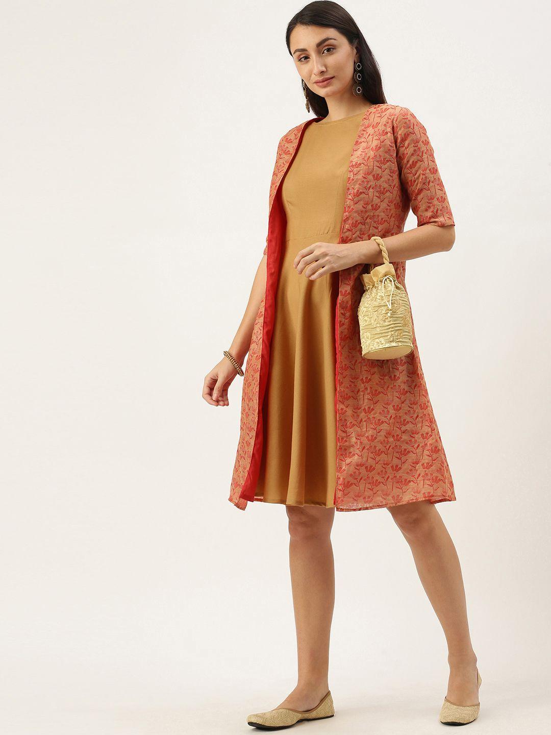 ethnovog brown  red solid made to measure a-line dress with chanderi jacket