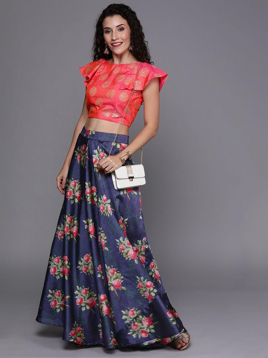 ethnovog coral pink  navy blue printed made to measure lehenga with blouse