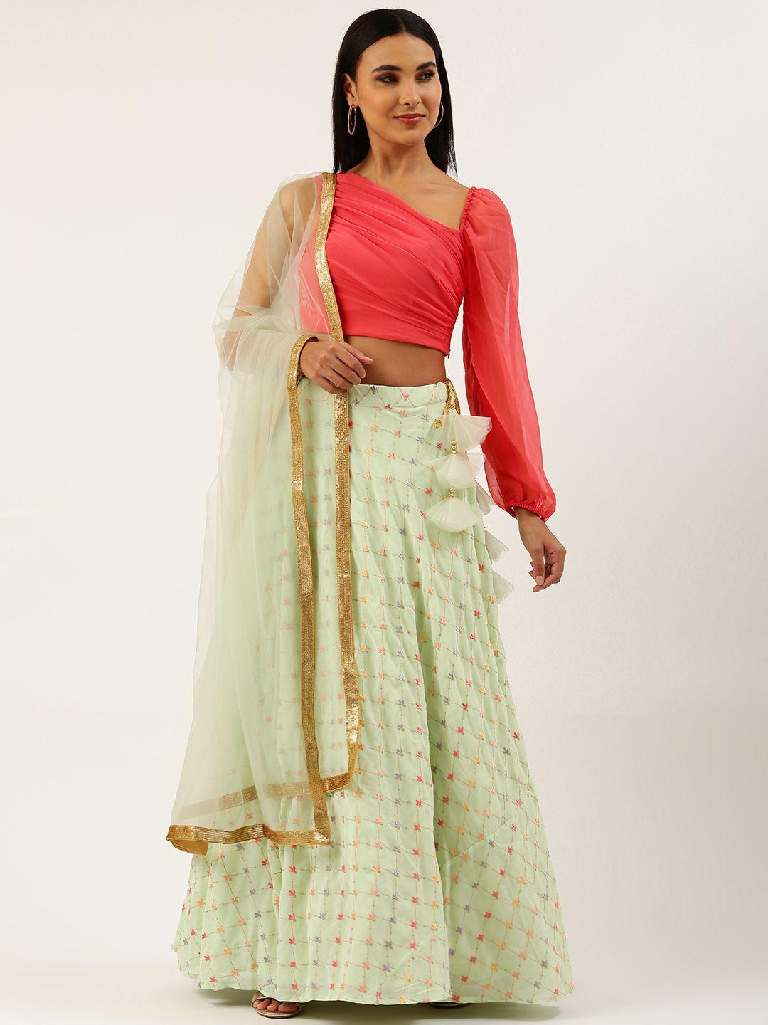 ethnovog coral red  green solid ready to wear lehenga  blouse with dupatta