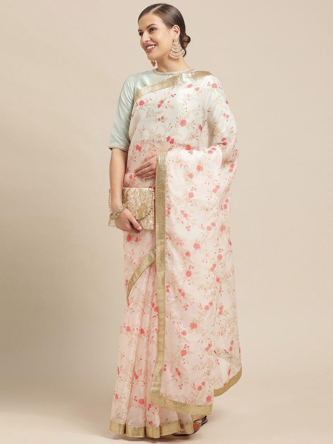 ethnovog cream  pink floral organza saree