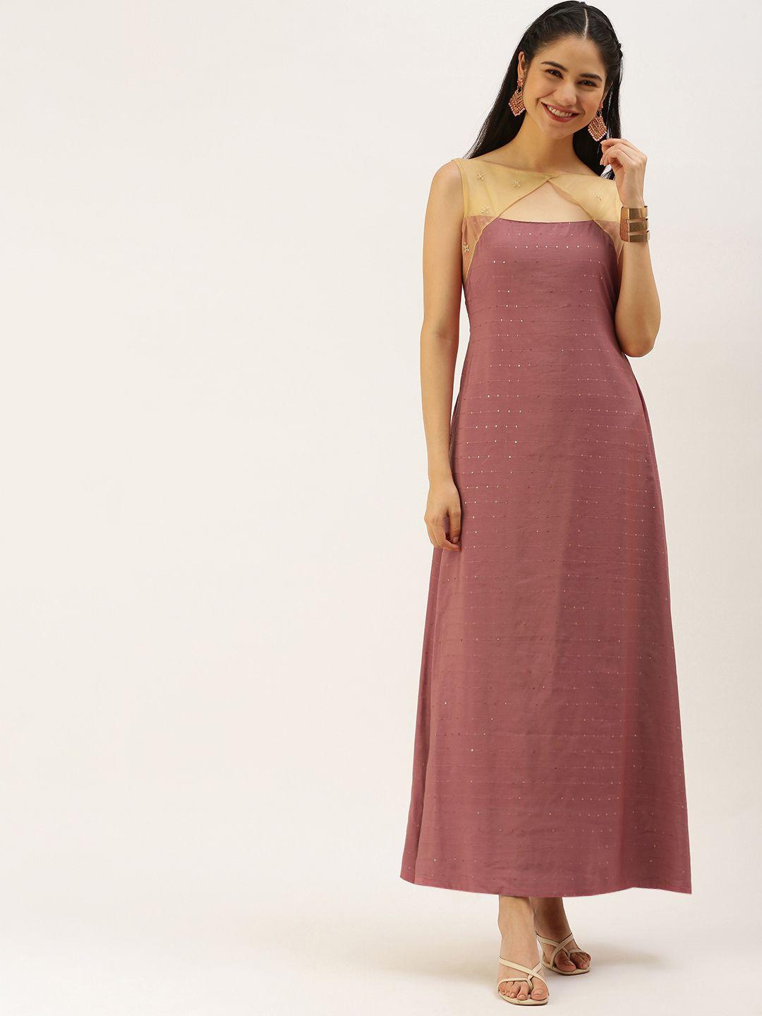 ethnovog dusty pink striped sequined maxi dress