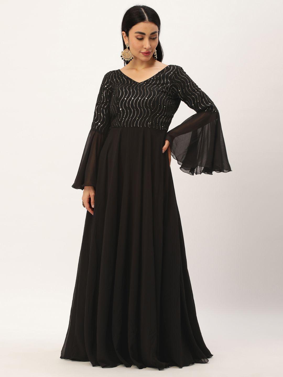 ethnovog embellished bell sleeves sequinned georgette a-line maxi dress