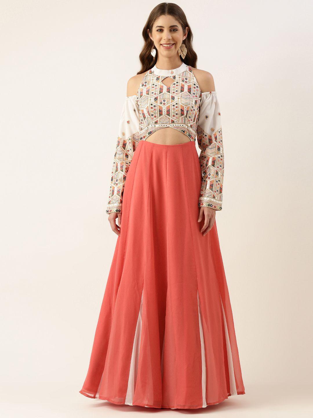 ethnovog embellished embroidered keyhole neck georgette maxi ethnic dress