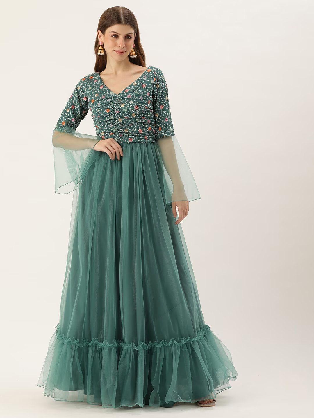 ethnovog embellished flared sleeve georgette maxi dress