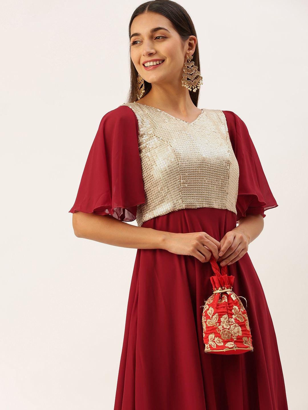 ethnovog embellished flared sleeve georgette maxi gown dress