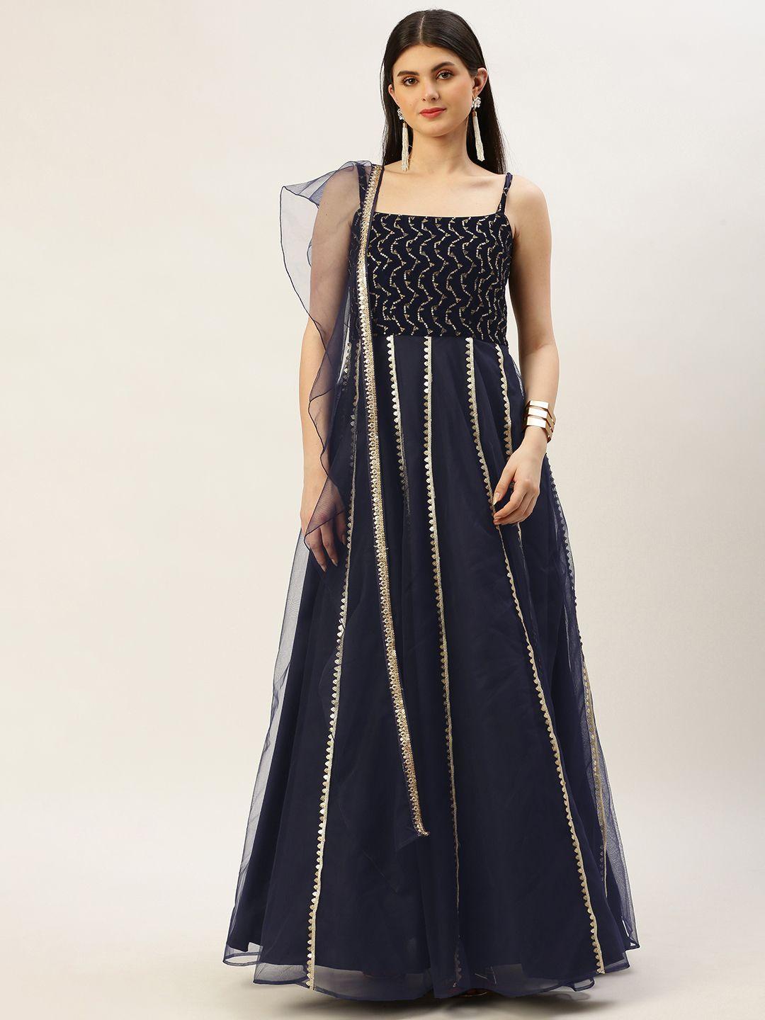 ethnovog embellished velvet ethnic maxi dress with dupatta