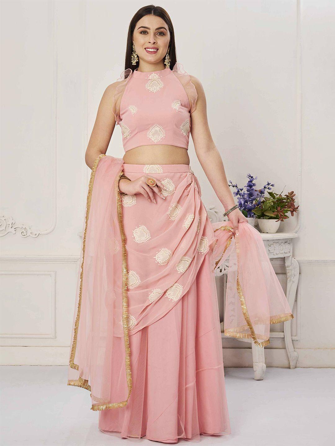 ethnovog embroidered halter neck thread work ready to wear lehenga & blouse with dupatta