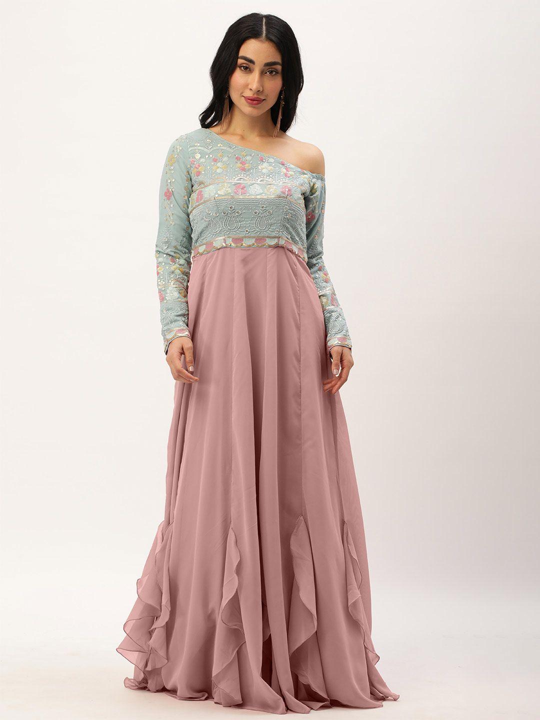 ethnovog embroidered one shoulder georgette maxi dress