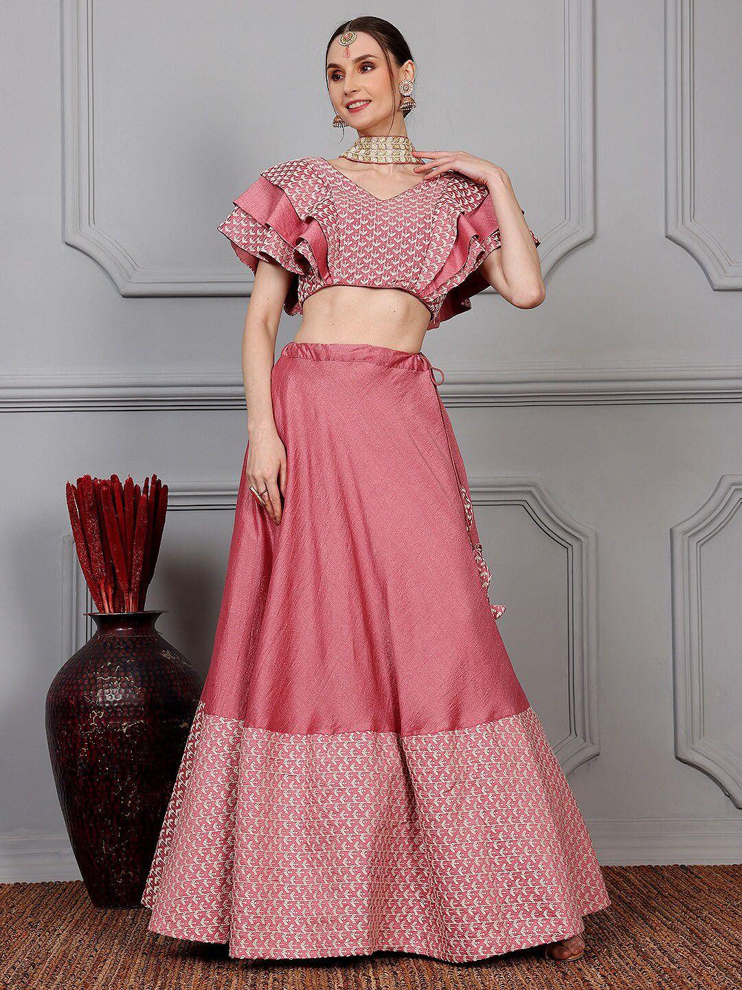 ethnovog embroidered v-neck ready to wear lehenga & blouse with dupatta