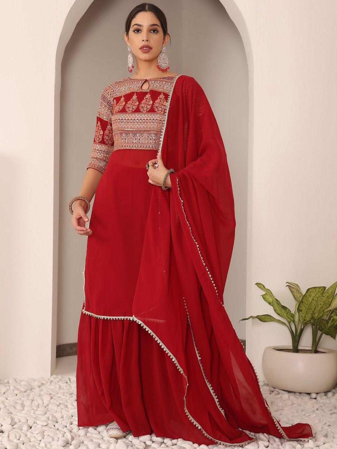 ethnovog embroidered yoke design georgette kurta with sharara & dupatta