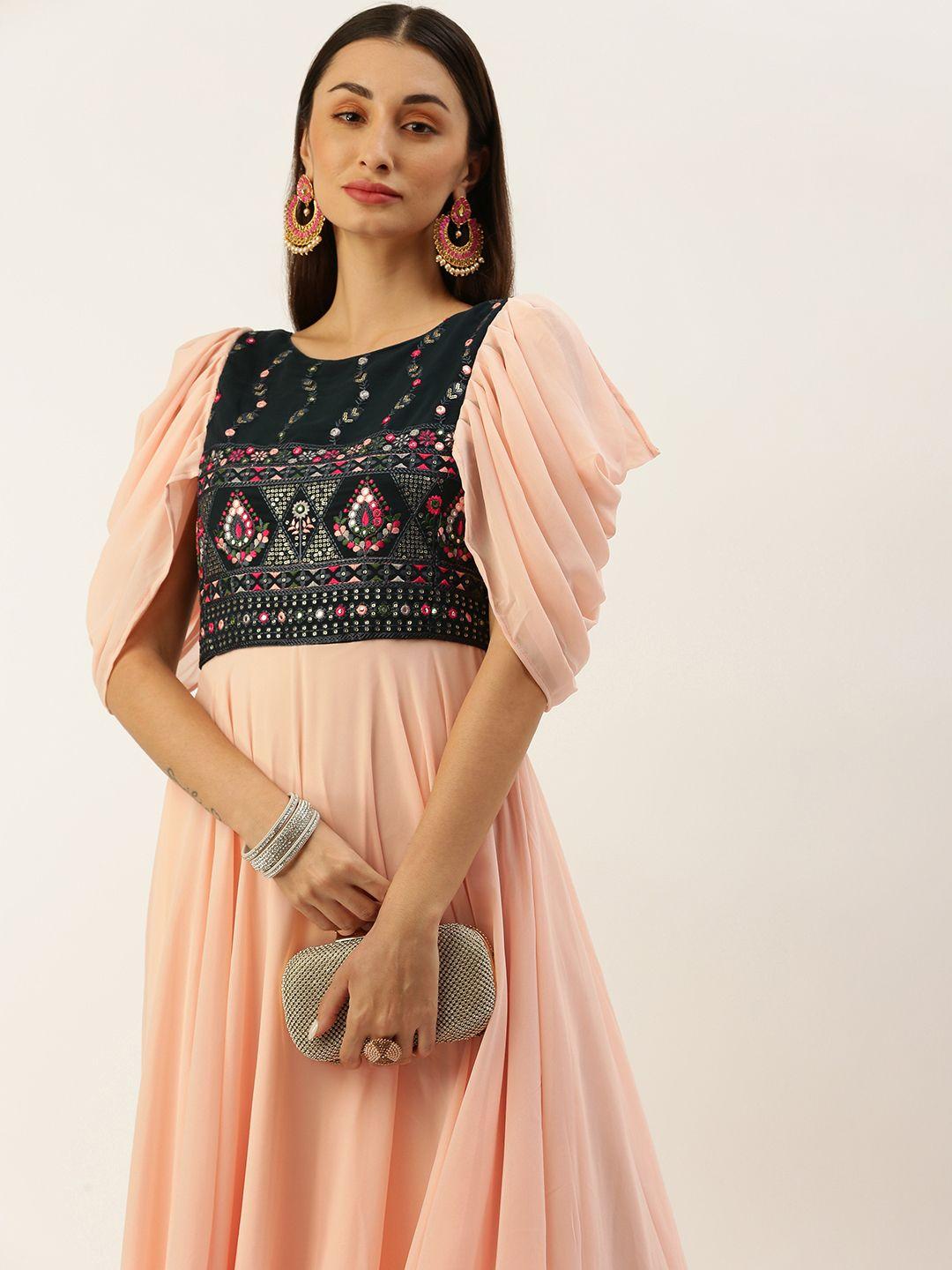 ethnovog ethnic motifs embroidered puff sleeves georgette maxi dress