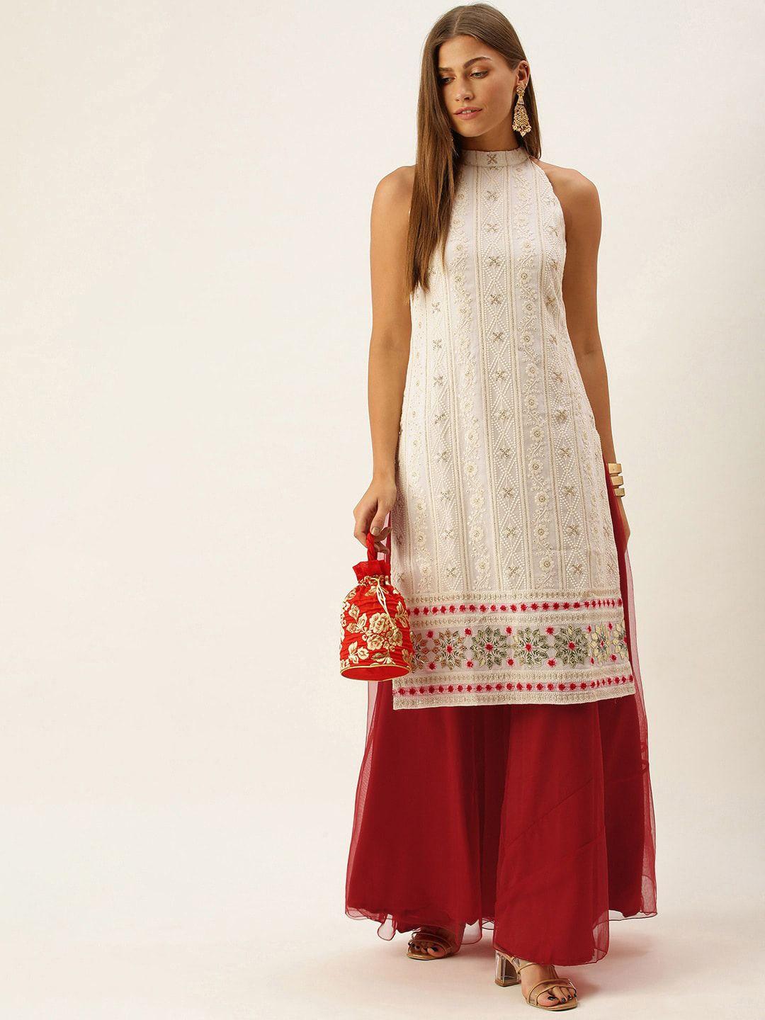 ethnovog ethnic motifs embroidered sequinned halter neck straight kurta