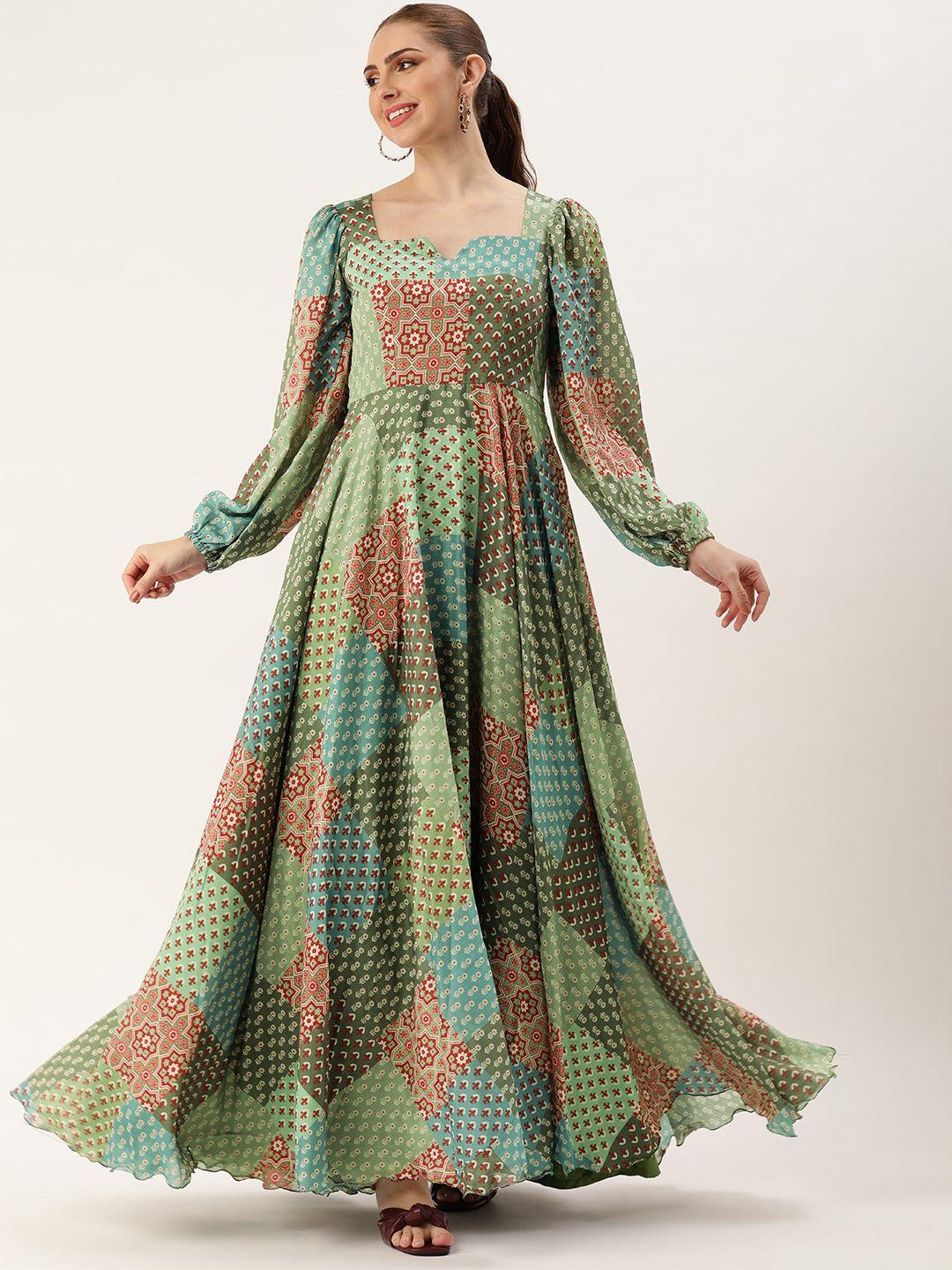 ethnovog ethnic motifs printed gathered gown dress