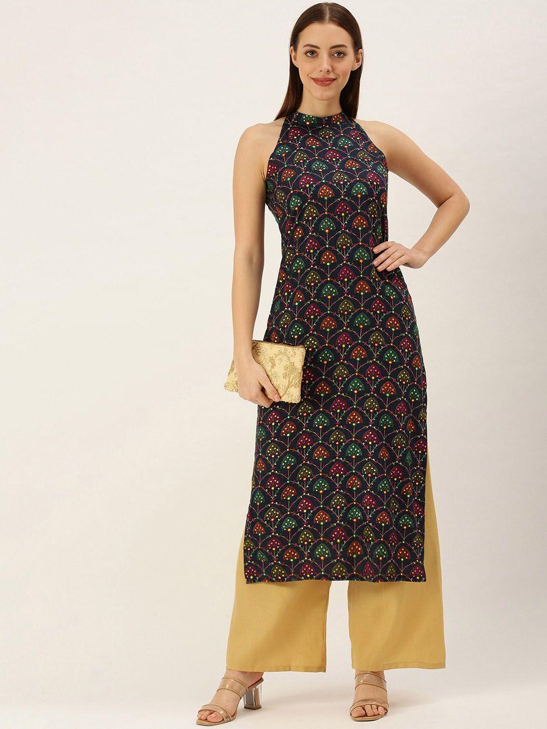 ethnovog ethnic motifs printed halter neck straight kurta