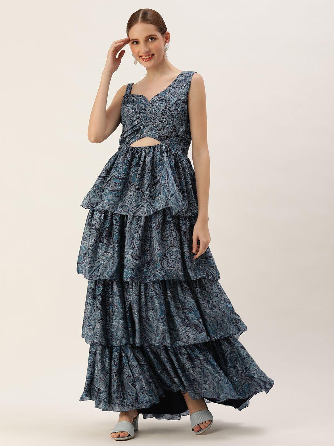 ethnovog ethnic motifs printed layered maxi gown dress