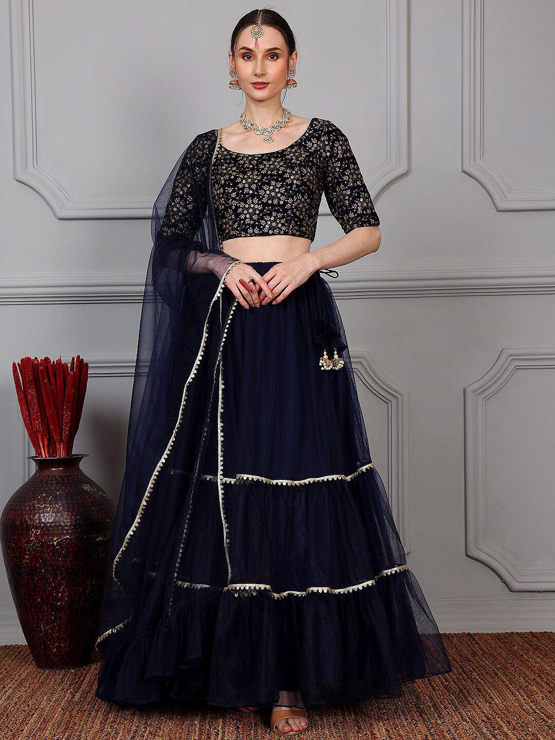 ethnovog floral embellished velvet semi-stitched lehenga & unstitched blouse with dupatta