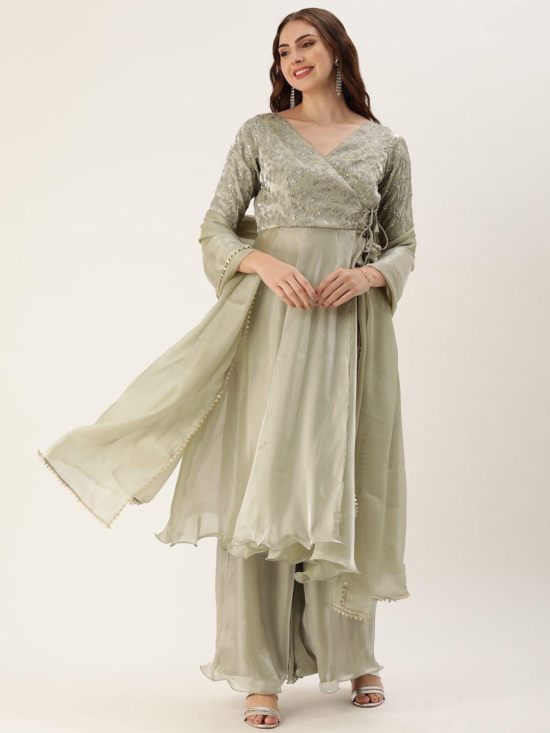 ethnovog floral embroidered angrakha sequinned kurta with palazzos & dupatta