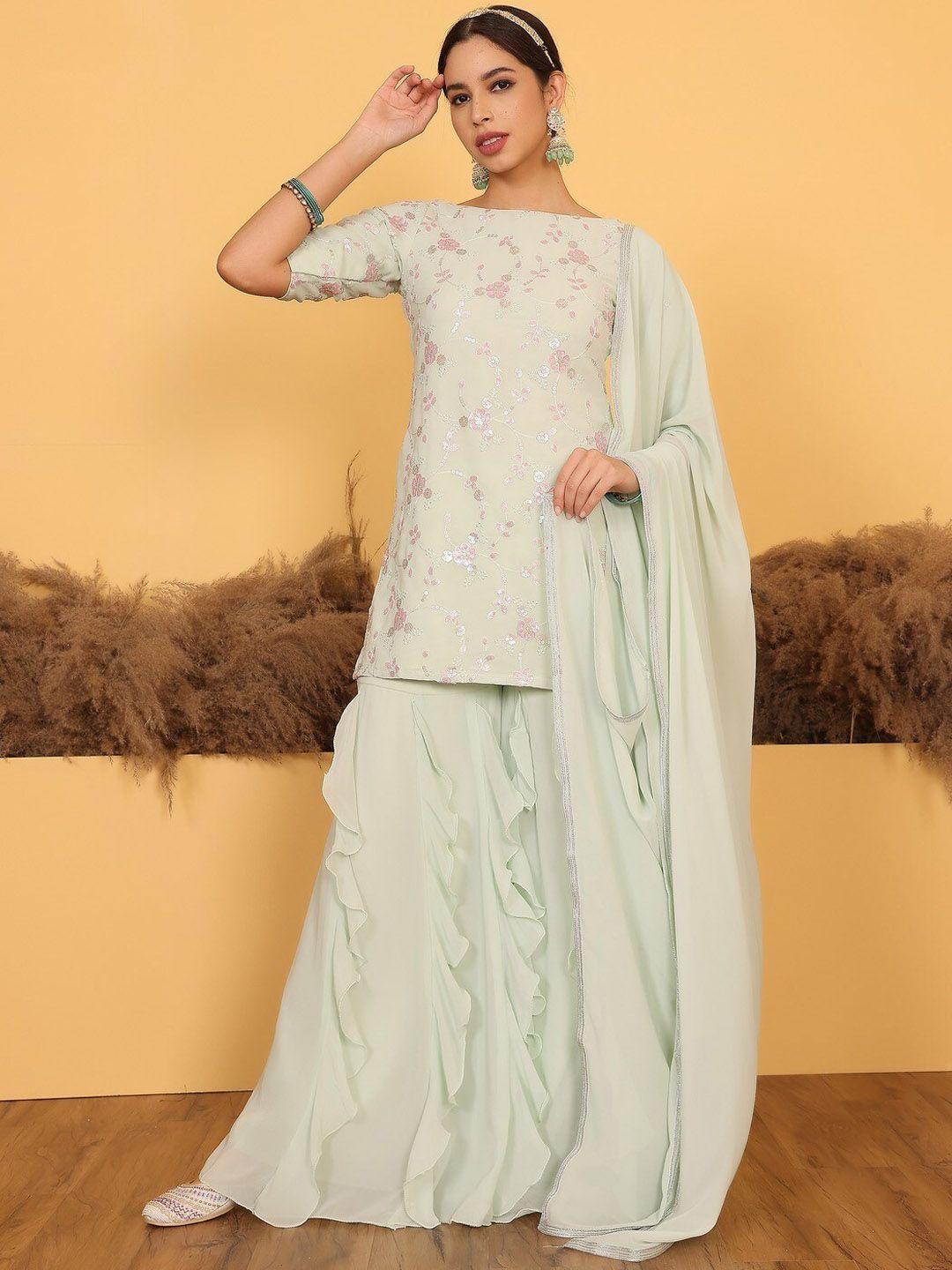 ethnovog floral embroidered boat neck sequinned kurti with sharara & dupatta