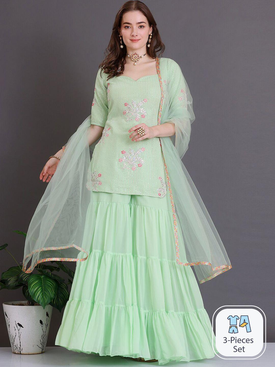 ethnovog floral embroidered empire sequinned straight kurti & palazzos with dupatta