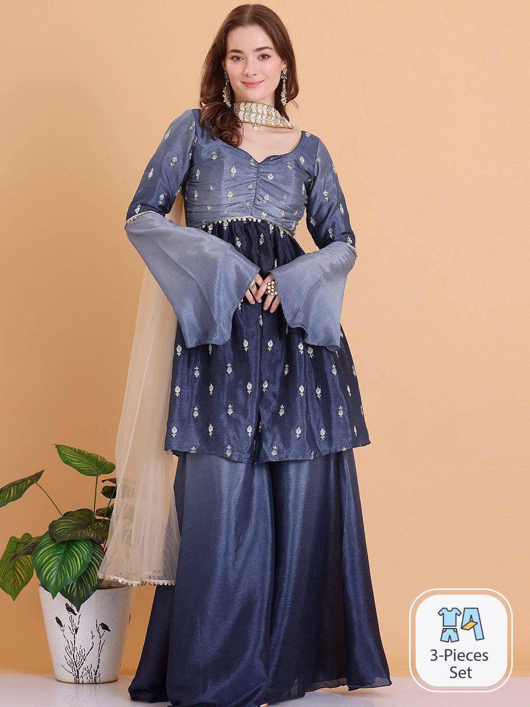 ethnovog floral embroidered empire thread work a-line kurti & palazzos with dupatta