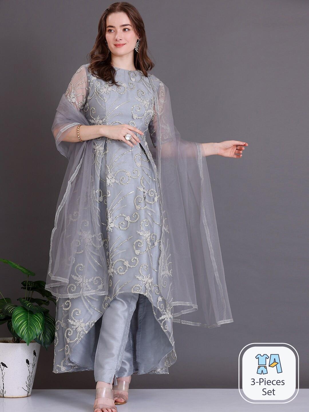 ethnovog floral embroidered high-low thread work a-line kurta & trousers with dupatta