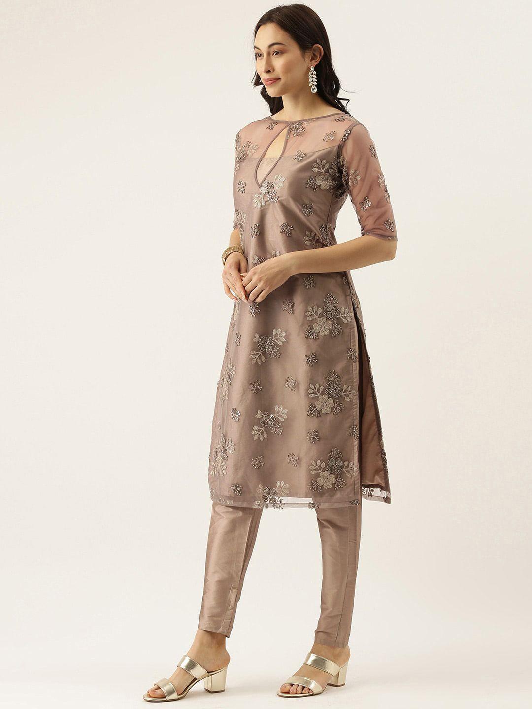 ethnovog floral embroidered keyhole neck sequins net straight kurta