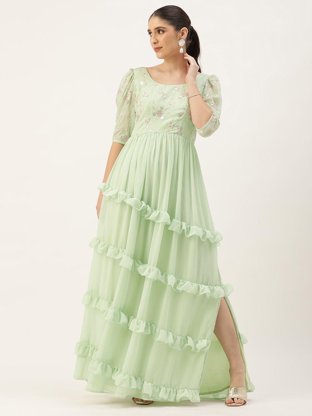 ethnovog floral embroidered puff sleeve georgette a-line maxi dress