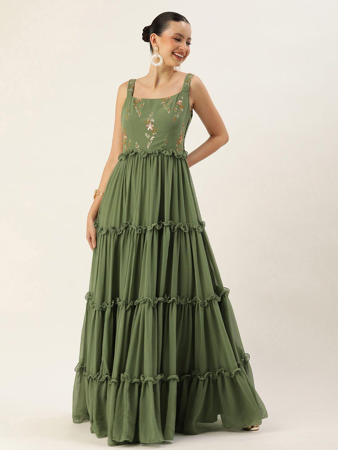 ethnovog floral embroidered ruffled georgette tiered gown
