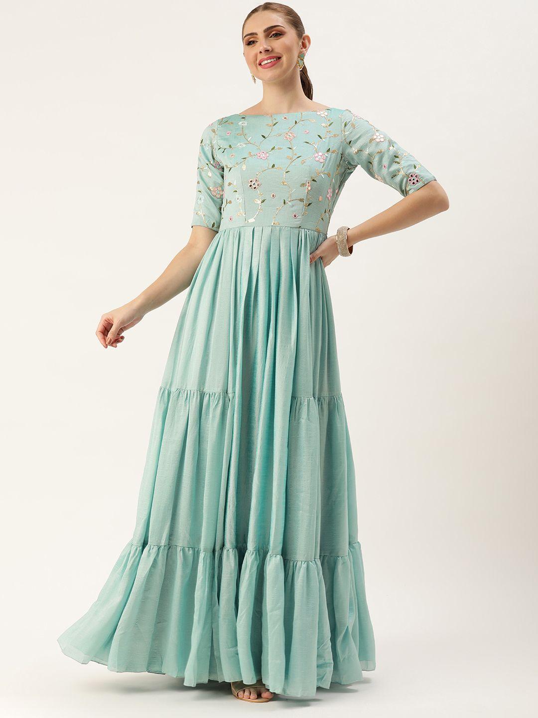 ethnovog floral embroidered sequined gown dress