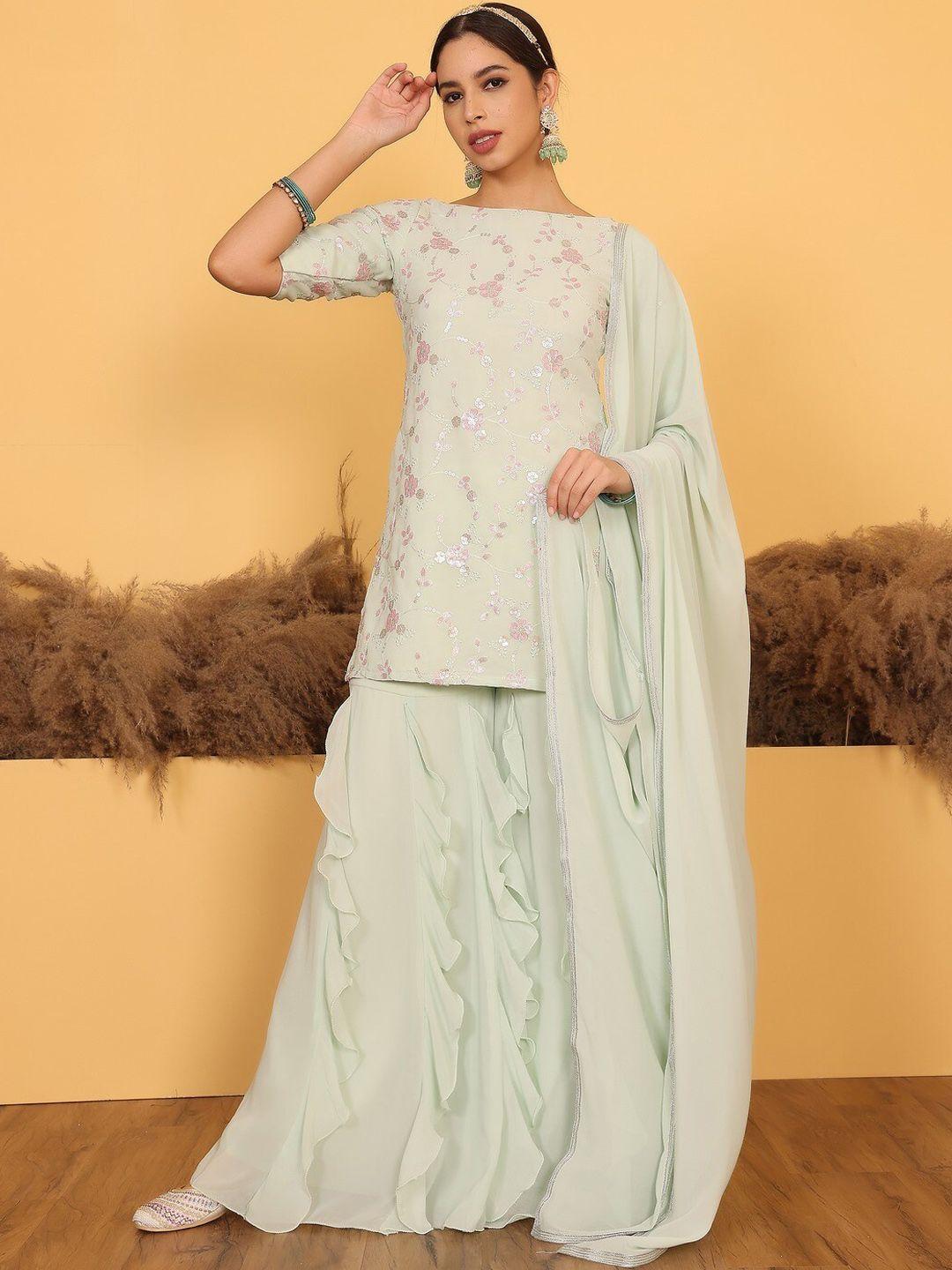 ethnovog floral embroidered sequined straight kurti with ruffled sharara & dupatta