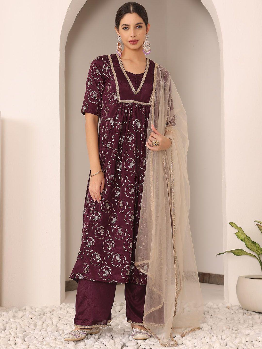 ethnovog floral embroidered sequinned straight & palazzos with dupatta