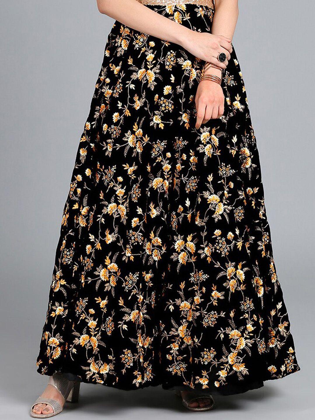 ethnovog floral embroidered velvet flared maxi skirt