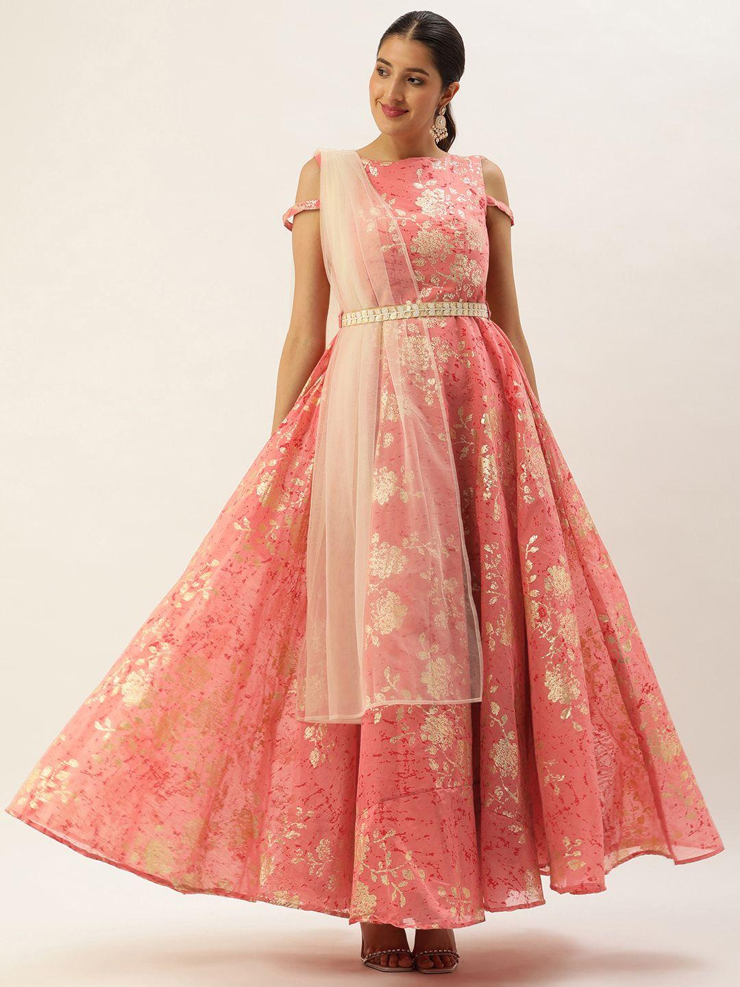 ethnovog floral print belted maxi gown dress with dupatta