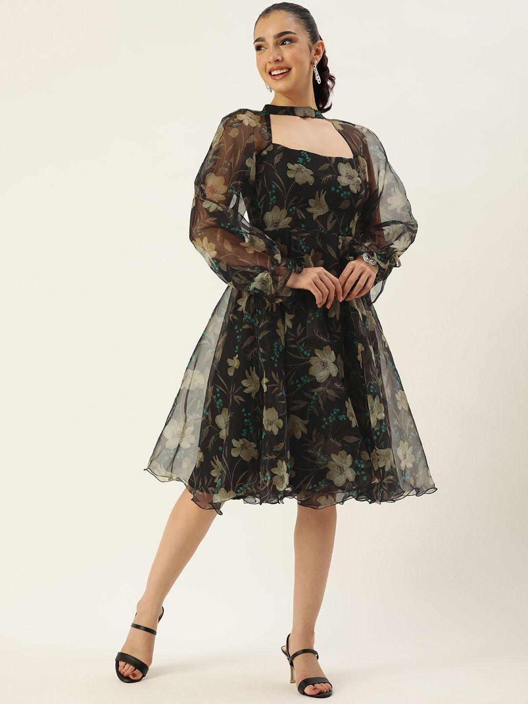 ethnovog floral print choker neck bishop sleeves organza dress