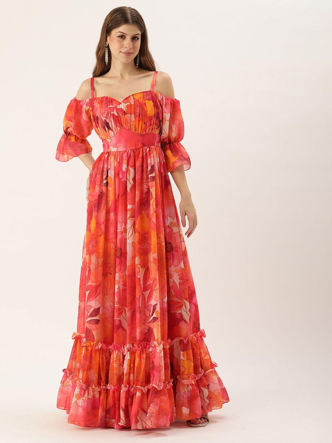 ethnovog floral print cold-shoulder ruffled georgette gown maxi dress