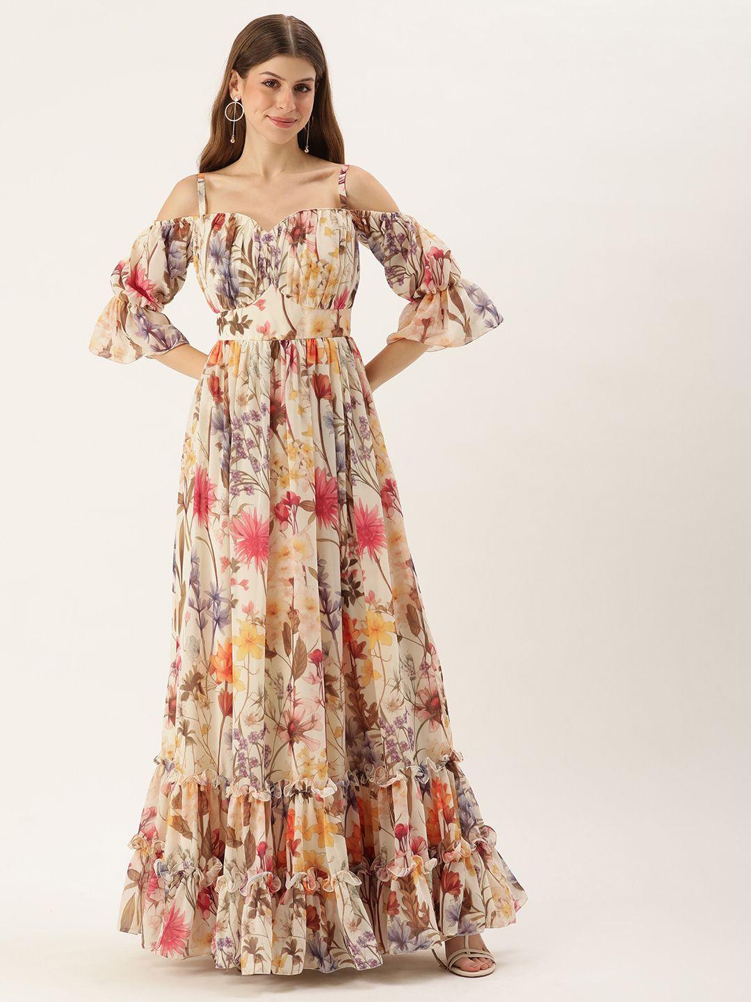 ethnovog floral print cold-shoulder ruffled georgette gown maxi dress