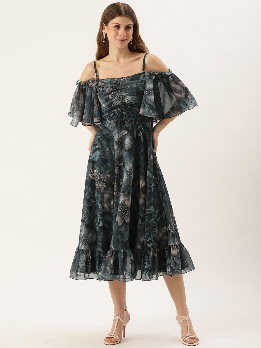 ethnovog floral print flared sleeve georgette a-line midi dress