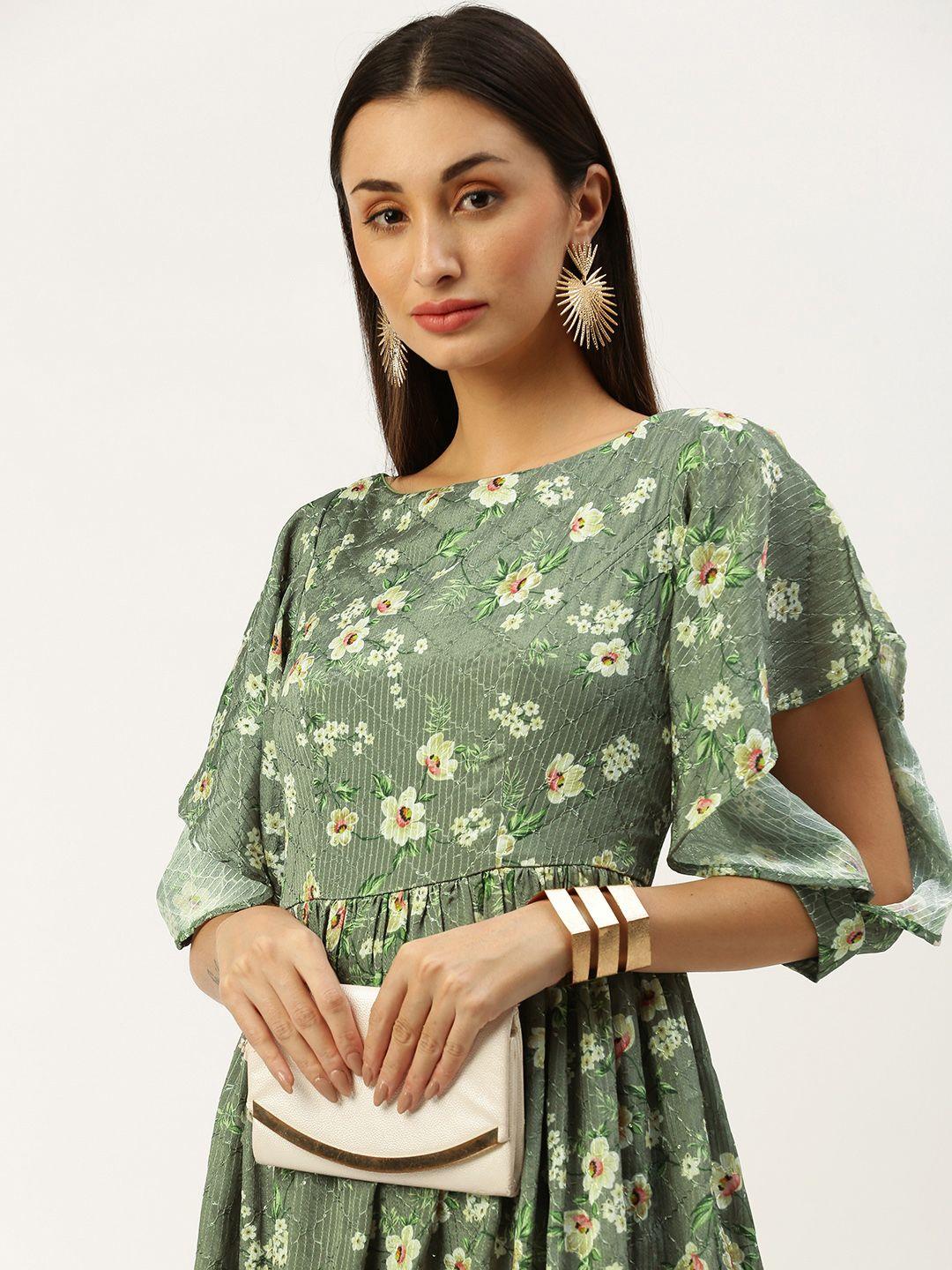 ethnovog floral print flared sleeve ruffled georgette a-line dress