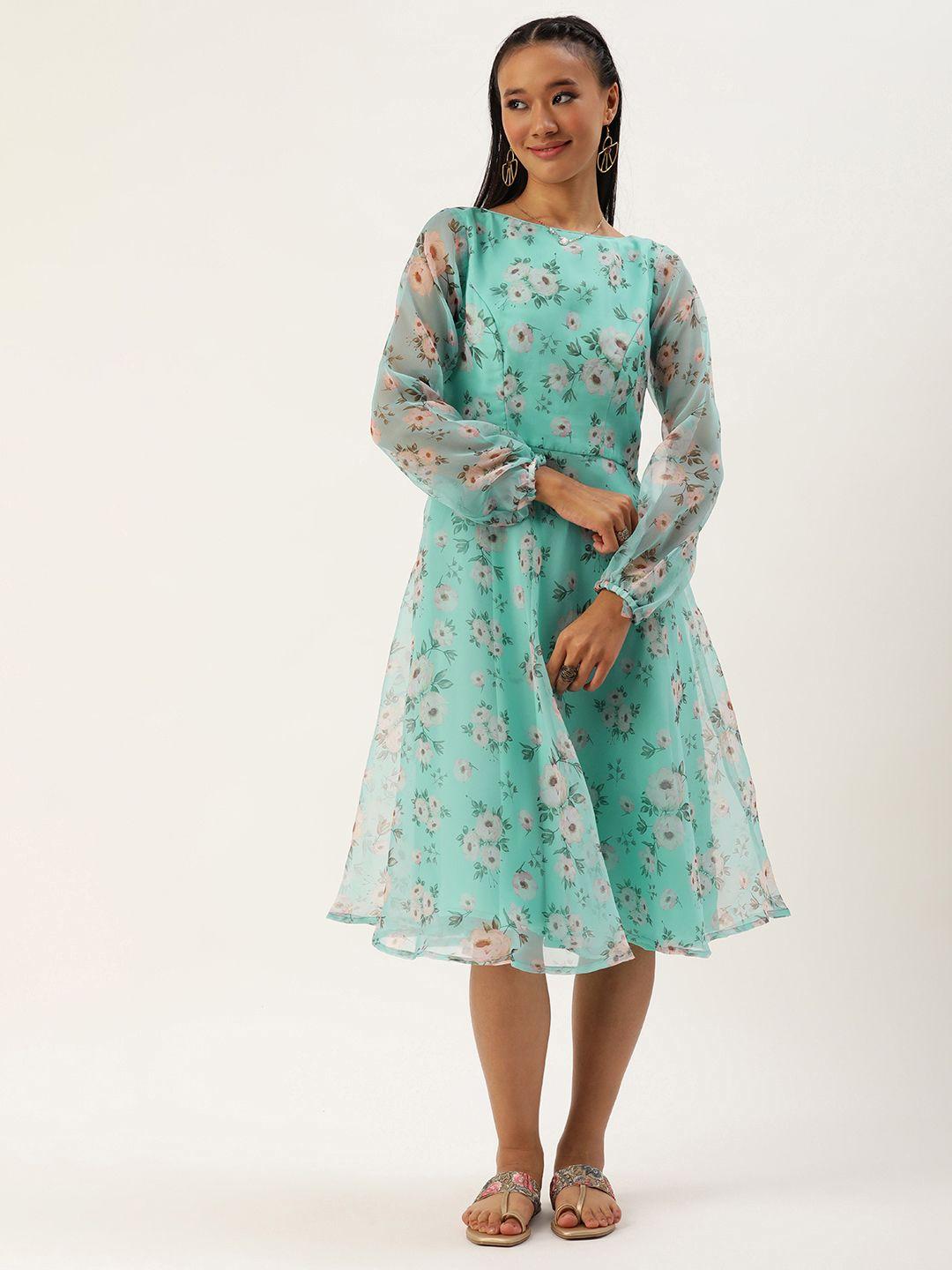 ethnovog floral print puff sleeve a-line midi dress