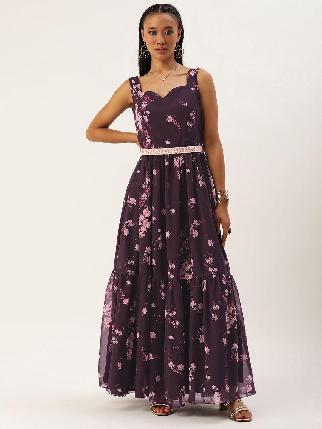 ethnovog floral printed belted gown dress
