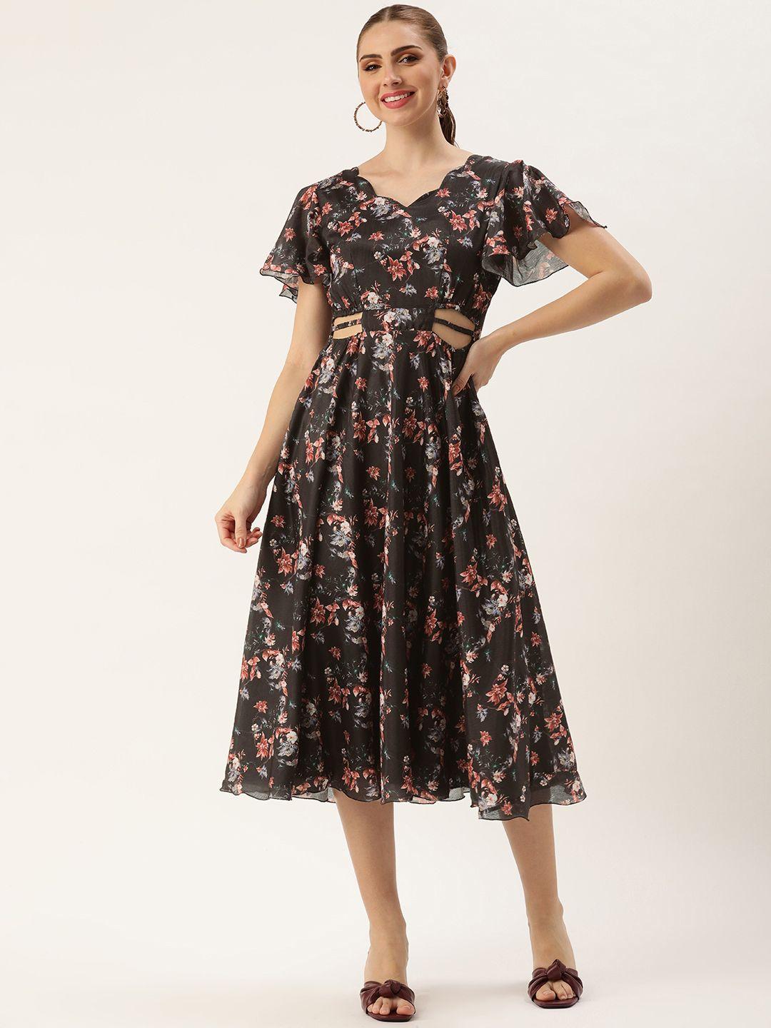 ethnovog floral printed flared sleeve a-line midi dress