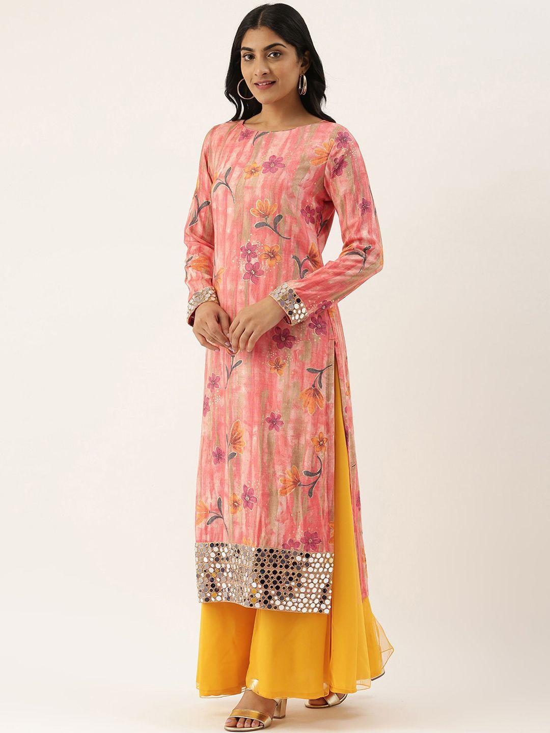 ethnovog floral printed mirror work straight kurta