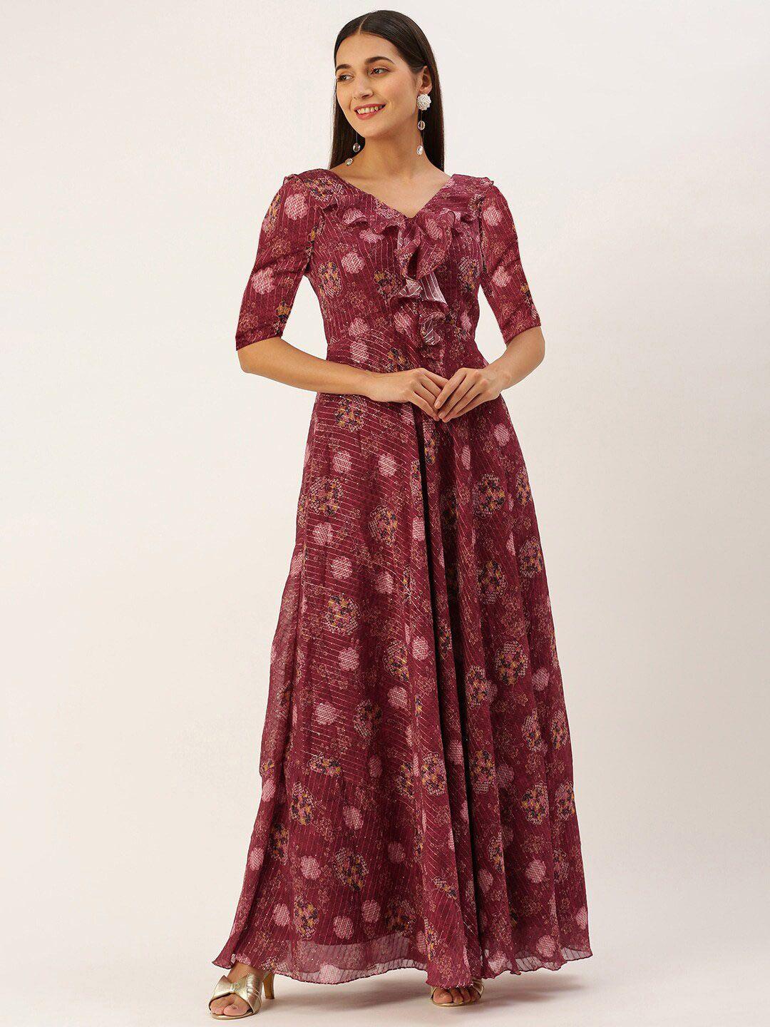 ethnovog floral printed v-neck sequined georgette maxi dress