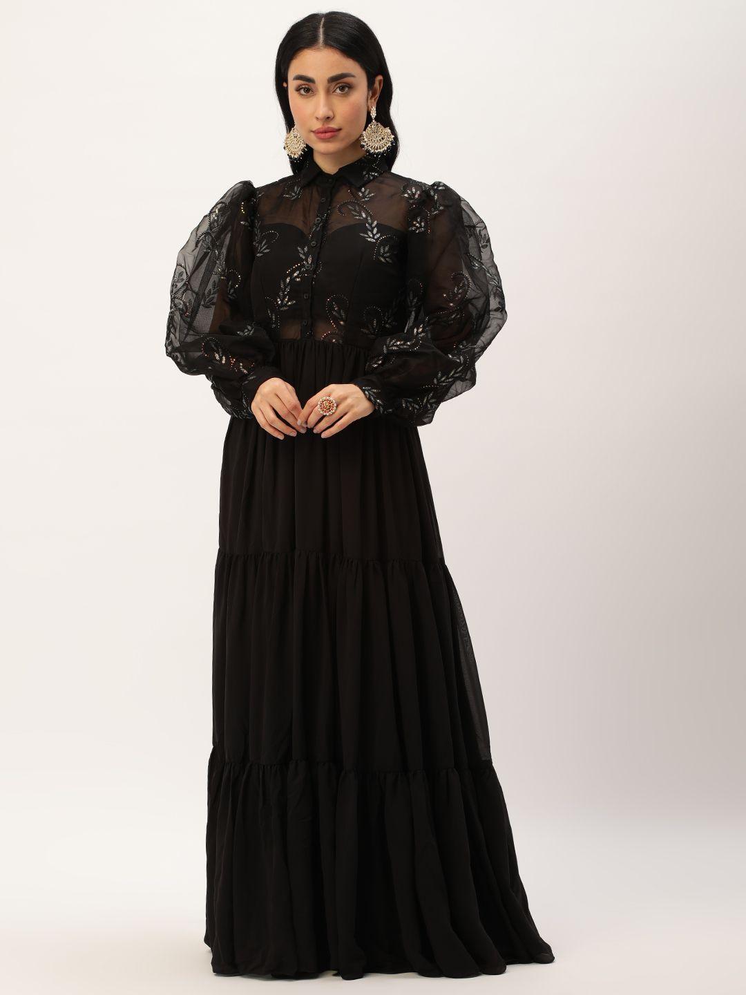 ethnovog floral puff sleeve georgette a-line maxi dress