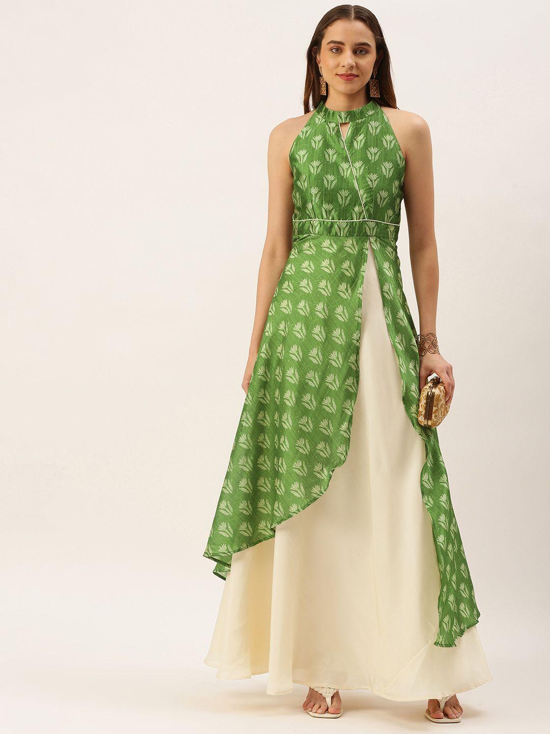 ethnovog green & beige floral halter neck ethnic maxi dress