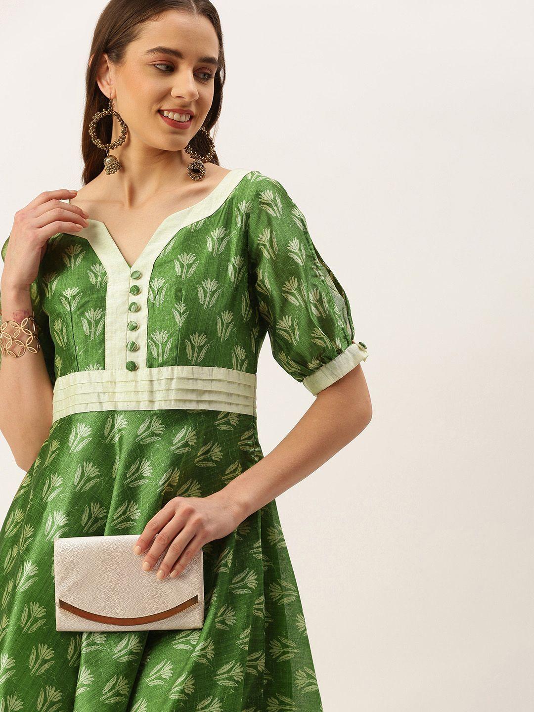 ethnovog green & white floral ethnic midi dress