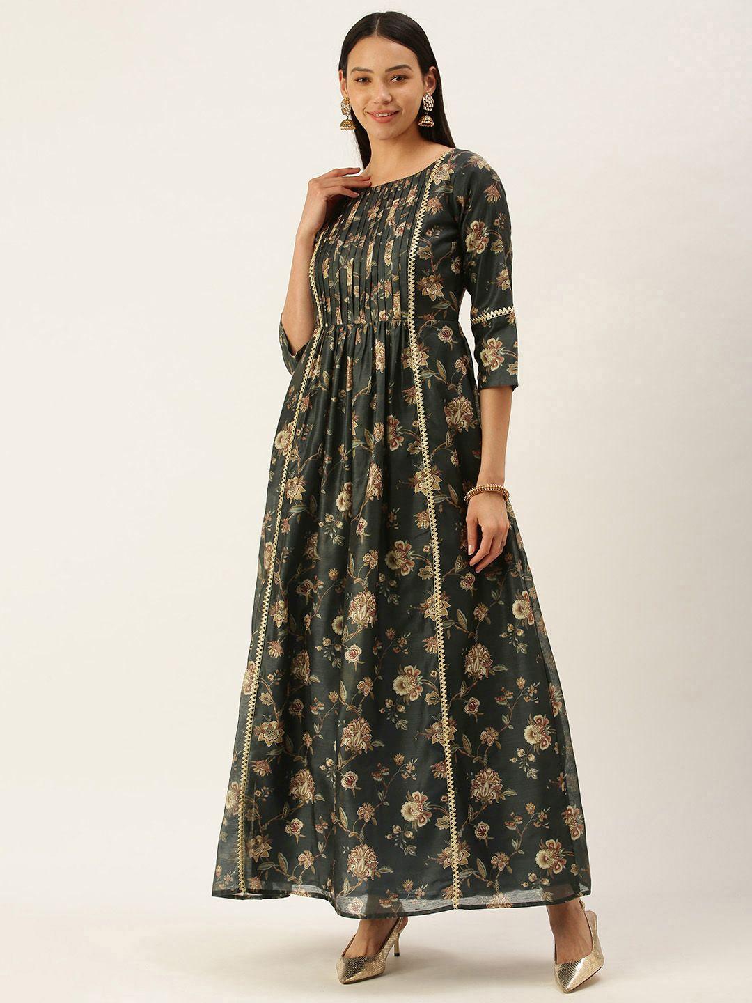 ethnovog green  golden floral satin made to measure maxi dress